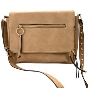 JUNIPER & JOY Tan Crossbody Bag Adjustable Studded Strap Faux Suede Leather NEW